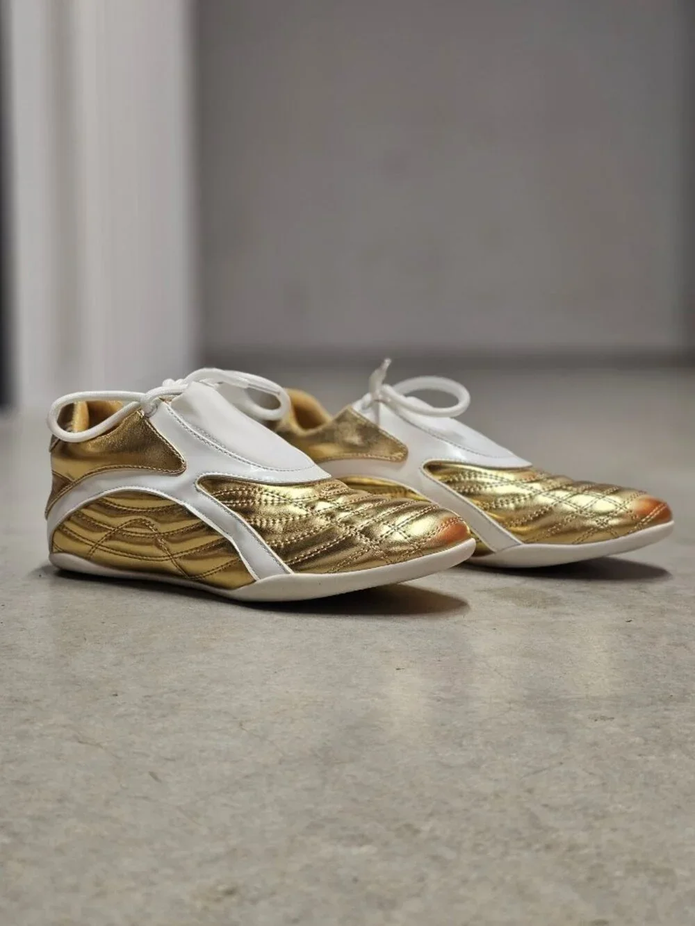 Gold & White Athletic Sneakers With Quilted Design & Lace-Up Closure